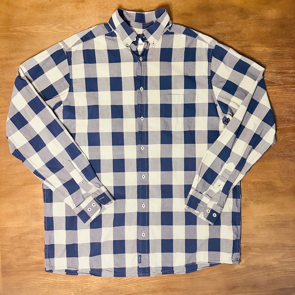 ROWM Mens Large Tall Blue Green Gingham Plaid Long Sleeve Button Down Shirt